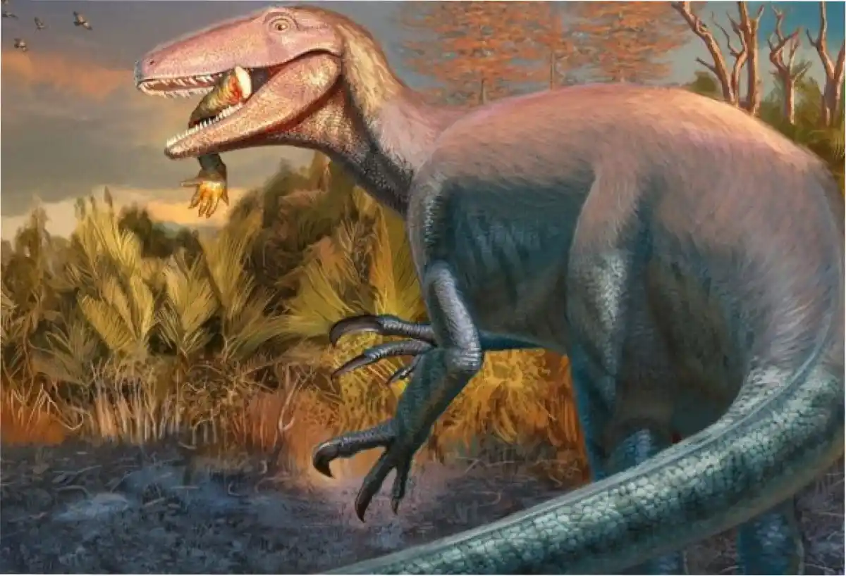 Reconstrucción en vida del nuevo dinosaurio carnívoro Joaquinraptor casali. Ilustración por Andrew McAfee, Carnegie Museum of Natural History/CONICET.