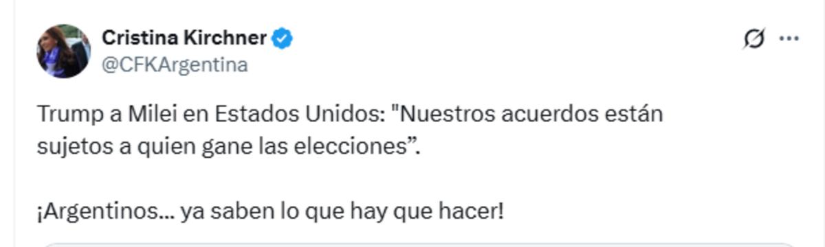 El mensaje de Cristina Kirchner tras las declaraciones de Donald Trump sobre las elecciones argentinas