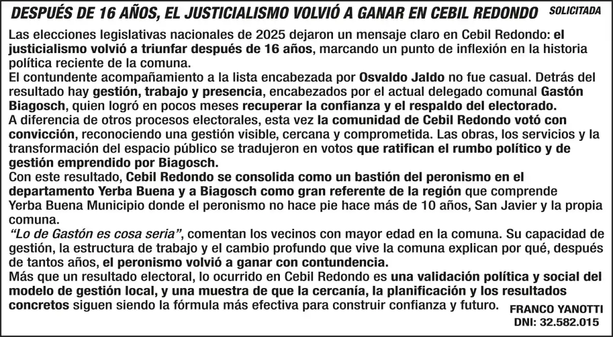 Solicitada: después de 16 años, el justicialismo volvió a ganar en Cebil Redondo