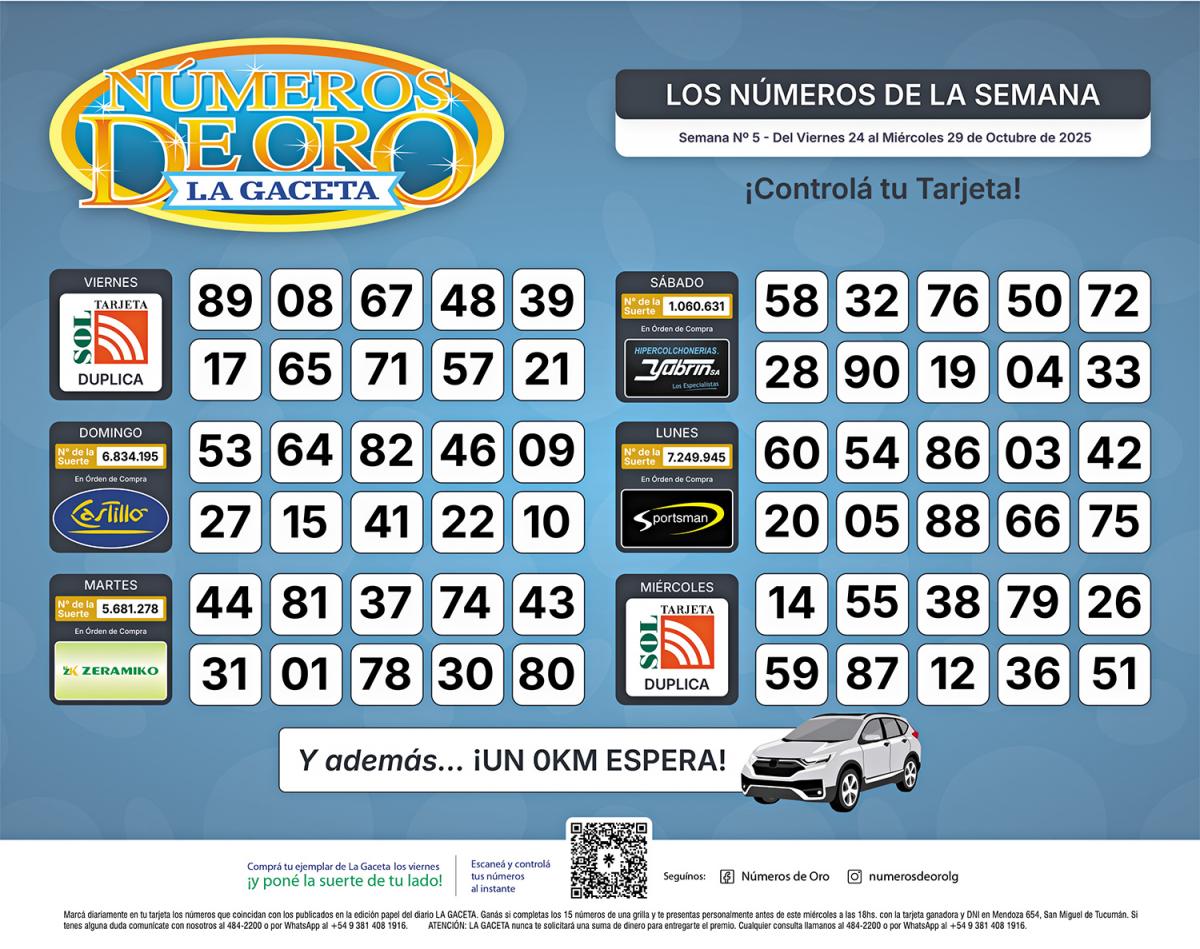 Esta es la grilla completa de los Números de Oro de LA GACETA del 29 de octubre de 2025