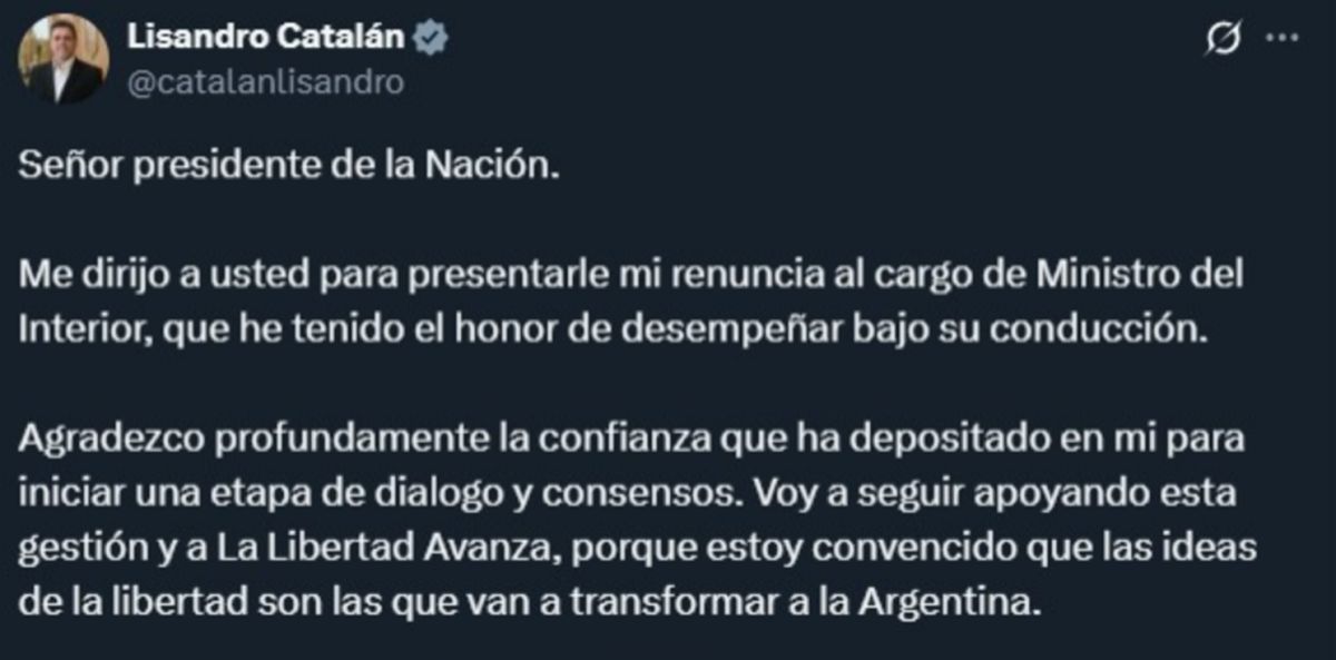 Tras la salida de Guillermo Francos, renunció también Lisandro Catalán al Ministerio del Interior