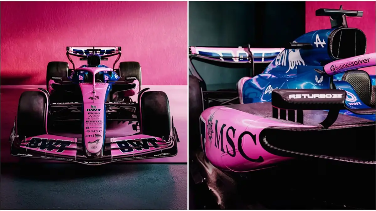 NUEVA IMAGEN. El Alpine A525 exhibe su versión con detalles en rosa y guiños a Las Vegas que acompañarán a Colapinto en el cierre de la temporada.