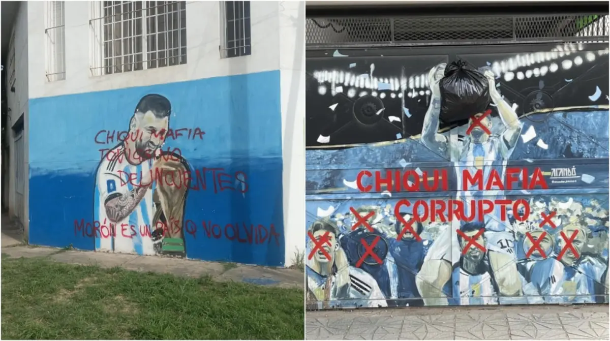 Aparecieron murales de Messi y Dibu Martínez vandalizados con frases contra Chiqui Tapia
