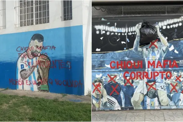 Aparecieron murales de Messi y Dibu Martínez vandalizados con frases contra Chiqui Tapia