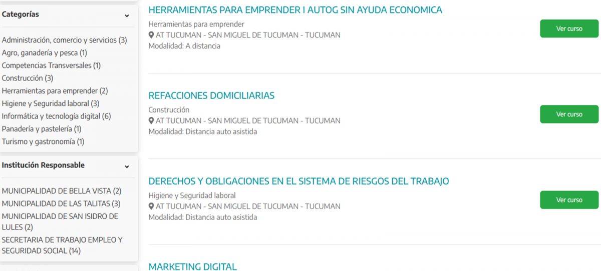 LA OFERTA ACTUAL. Los cursos son de modalidad a distancia y autoasistida para capacitarse sin dejar la provincia. / CAPTURA DE PANTALLA
