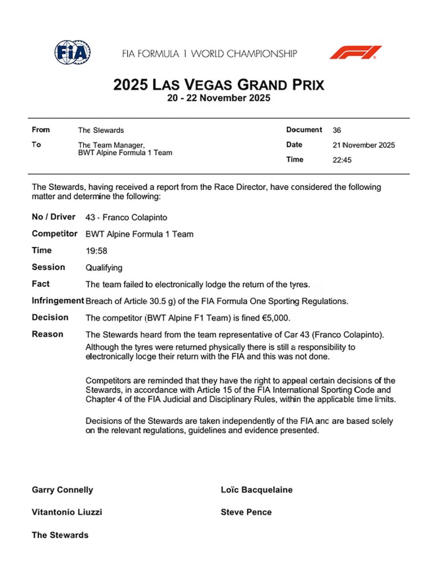 Alpine fue multado por un error administrativo con los neumáticos usados por Colapinto en Las Vegas