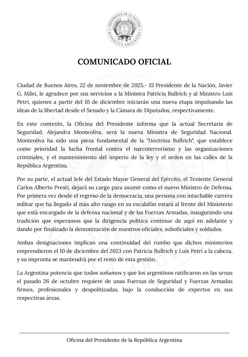 El mensaje de Milei a Bullrich y a Petri: así despidió el Presidente a los ministros que asumirán bancas en el Congreso