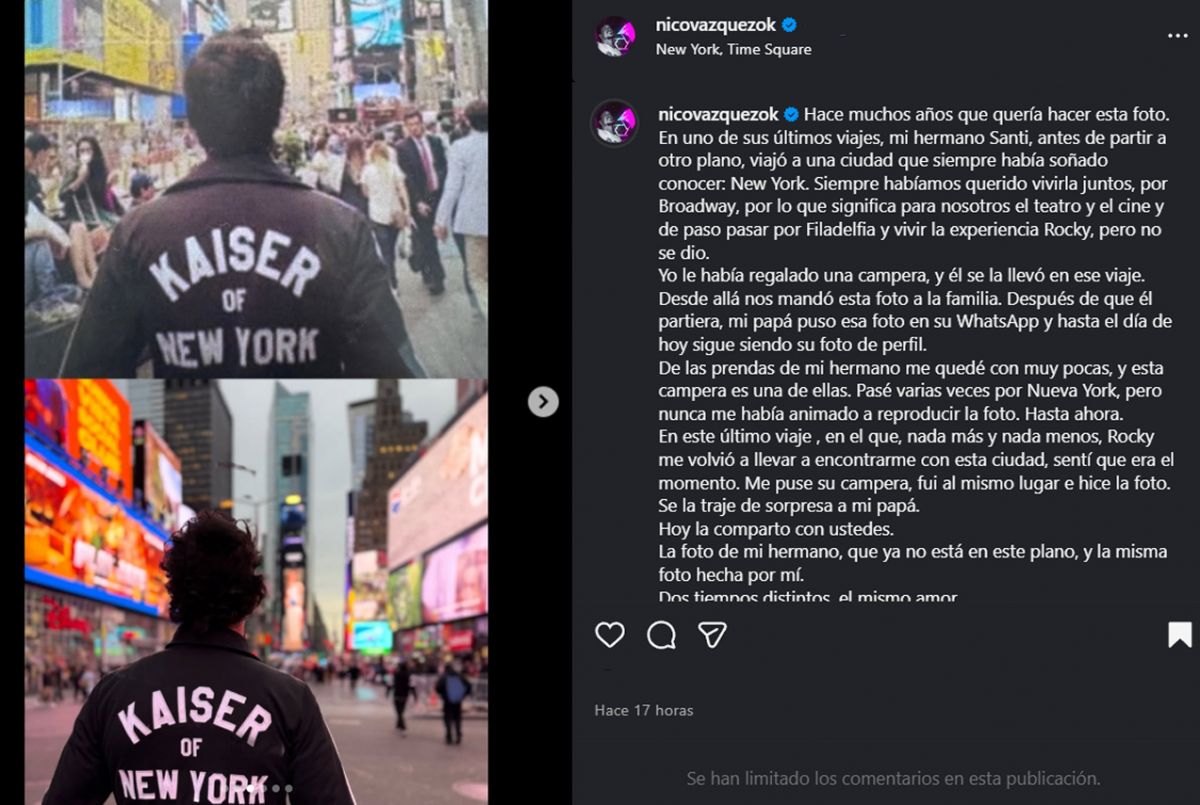 Nicolás Vázquez viajó a Nueva York y le rindió un emotivo homenaje a su hermano fallecido