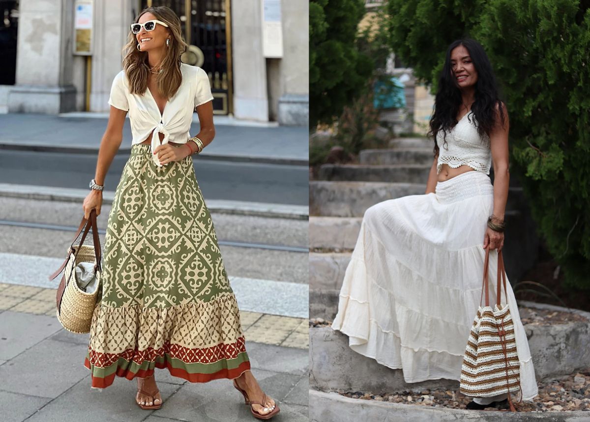 Los tules y estampados étnicos van de la mano con la falda boho.