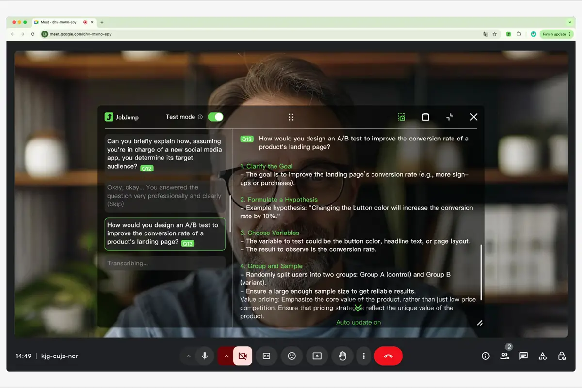 COPILOTO PARA ENTREVISTAS LABORALES. Ofrece respuestas automáticas, análisis de desempeño y prácticas personalizadas. / JOBJUMP