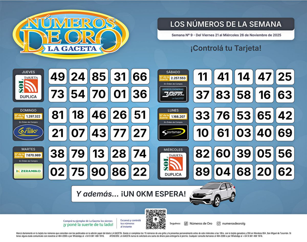 Esta es la grilla completa de los Números de Oro de LA GACETA del 26 de noviembre de 2025