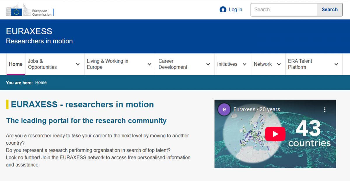 EURAXESS. El portal oficial de la UE que ordena el sistema educativo europeo y muestra las becas país por país. / CAPTURA DE PANTALLA