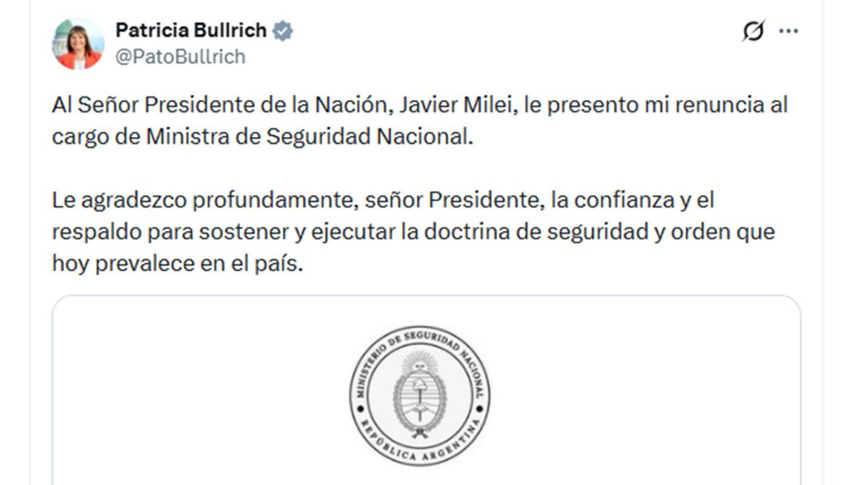 EN LAS REDES. El fin de semana, Bullrich confimó que dejaría su cargo para sumarse a una banca del oficialismo en el Senado.