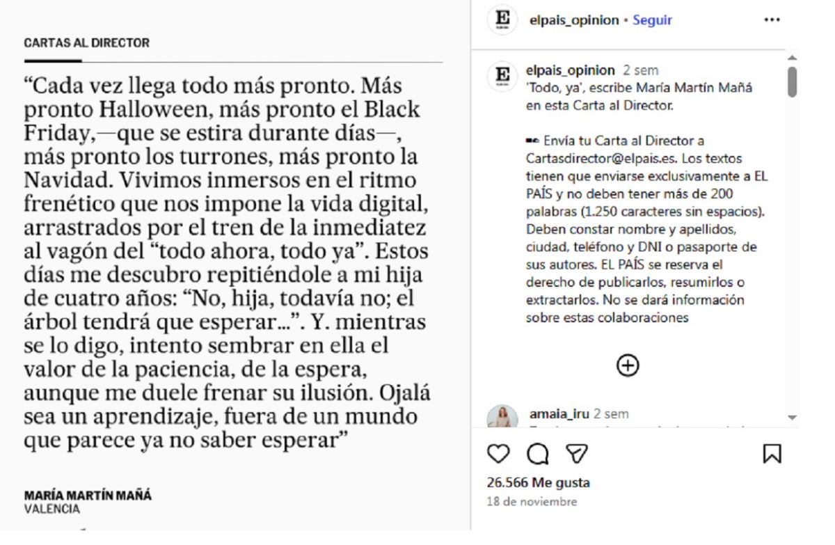 POSTEO DE EL PAÍS. La carta de María Martín Maná, publicada en la cuenta de Instagram del diario español.