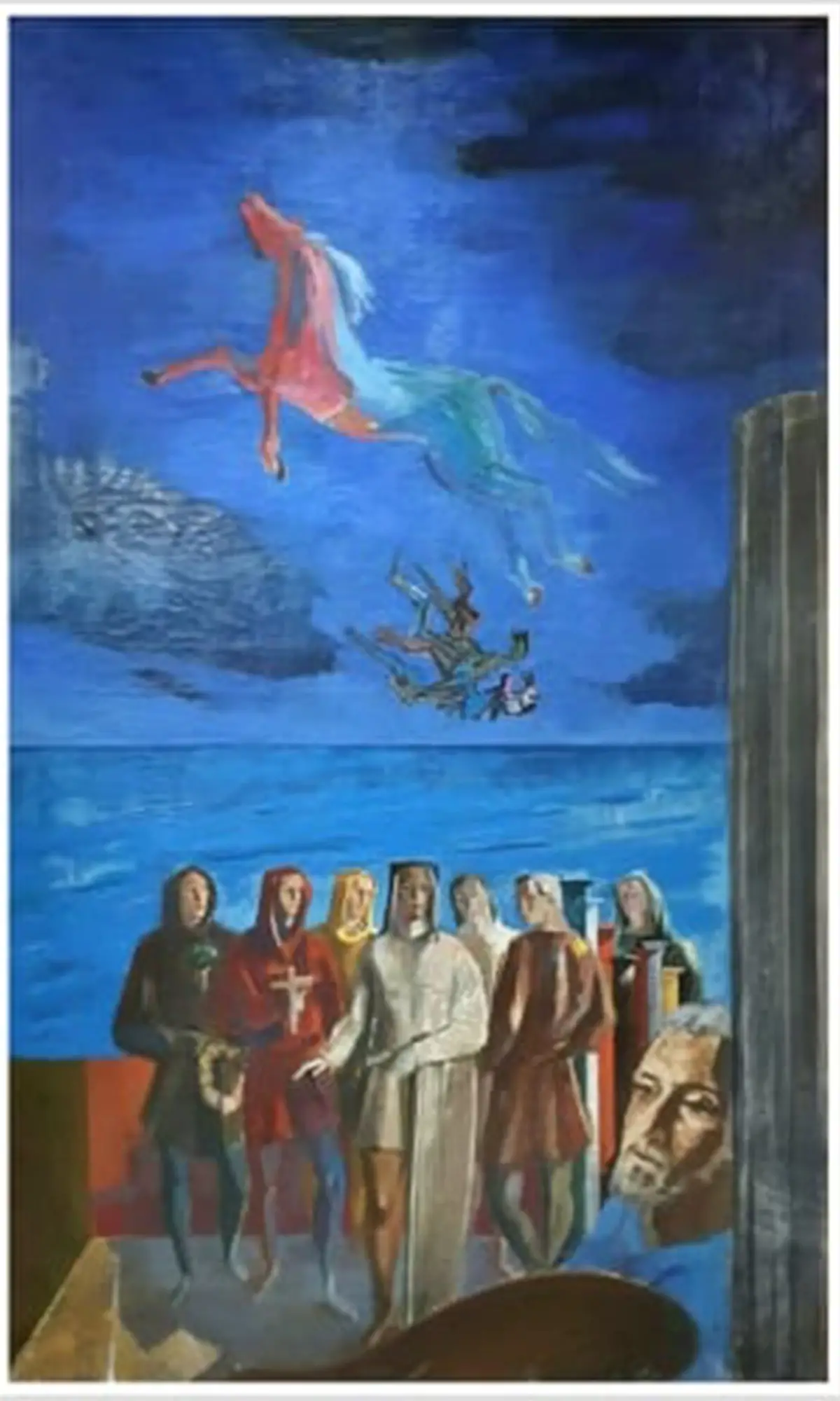 “RAPTO”. Una de las obras donadas. El pintor se retrató (a la derecha).