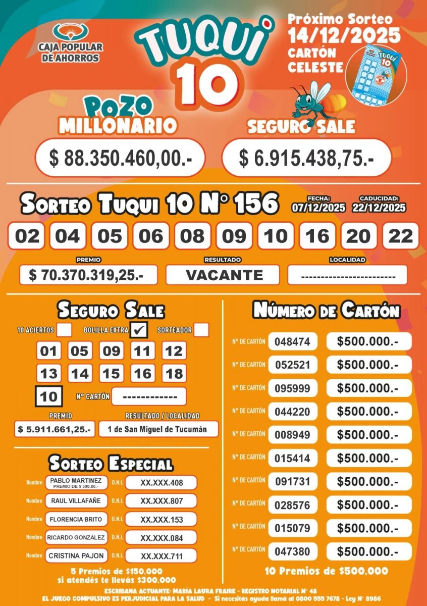 Tuqui 10: el primer premio quedó vacante este 7 de diciembre y el pozo supera los $88 millones