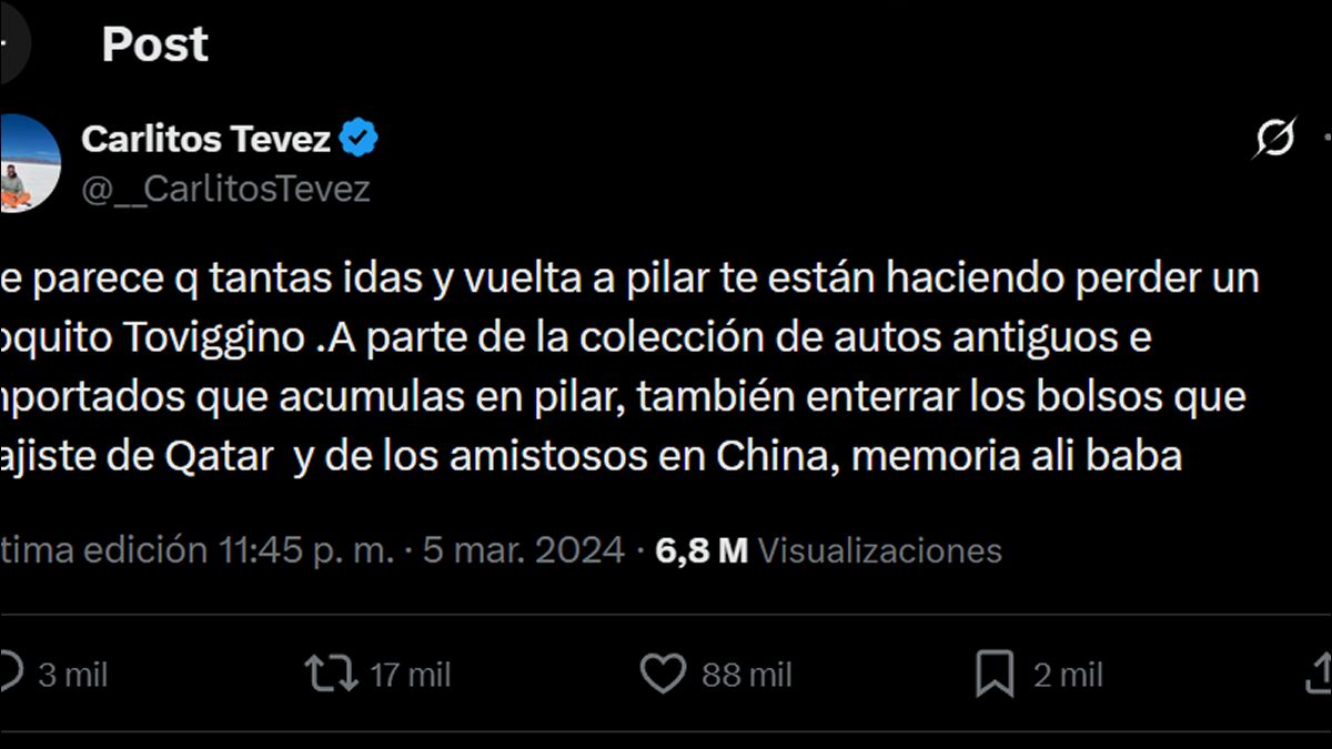 ARCHIVO EN REDES. El viejo tuit de Tevez contra Toviggino volvió a escena en medio de la investigación por Sur Finanzas.
