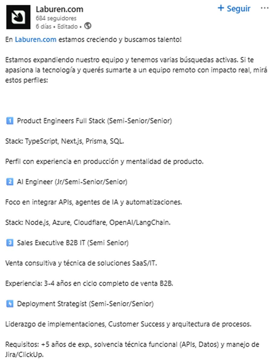 STARTUP. Laburen lanzó vacantes remotas con sueldos en dólares y proyecta ampliar su equipo durante 2026.