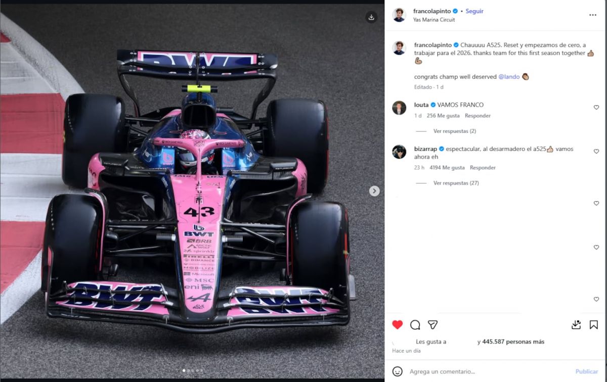 La particular publicación de Franco Colapinto para despedir su primera temporada de la Fórmula 1 con Alpine