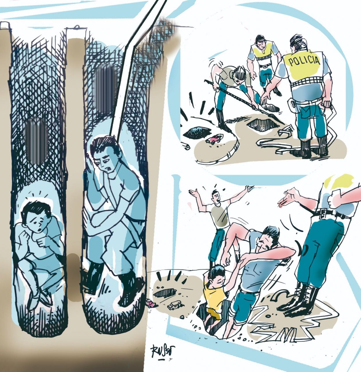 A SALVO. El comisario Diego Alejandro Paz con David, que resistió más de una hora encerrado en la oscuridad.