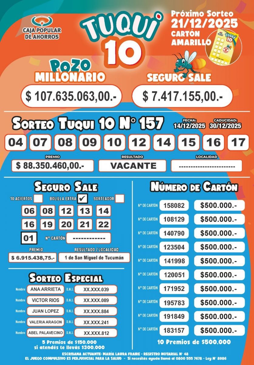 Tuqui 10: cómo salió el sorteo de este domingo 14 de diciembre