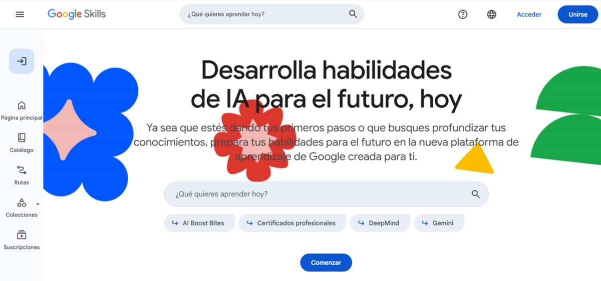 PUERTA DE ENTRADA. La plataforma organiza los contenidos según intereses y nivel, con opciones para aprender IA desde cero, explorar IA generativa, mejorar habilidades técnicas o prepararse para certificaciones oficiales. / CAPTURA DE PANTALLA