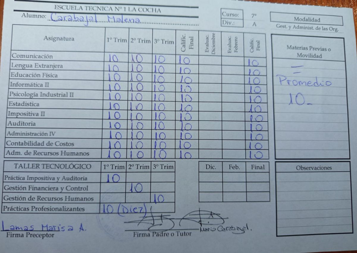UNA LIBRETA QUE HABLA SOLA. Todos 10 y el mejor promedio provincial en educación técnica. / Cortesía Malena Carabajal