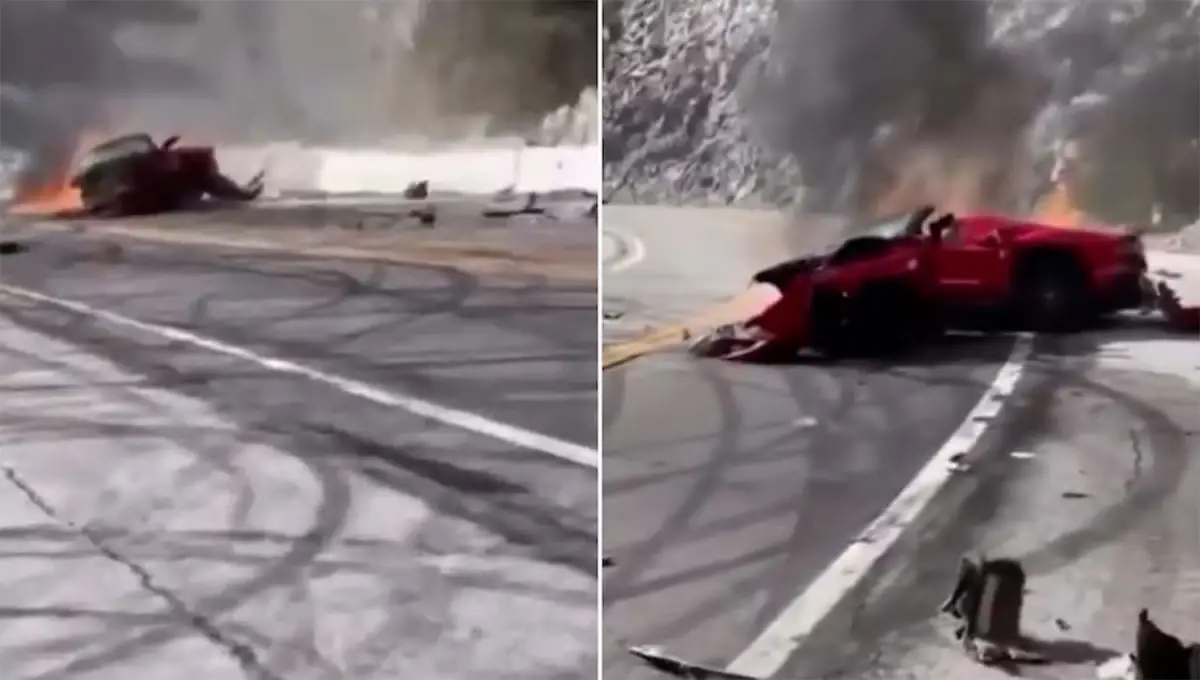 EN LLAMAS. Debido a la violencia del impacto, el auto Ferrari que conducía Zampella se prendió fuego.