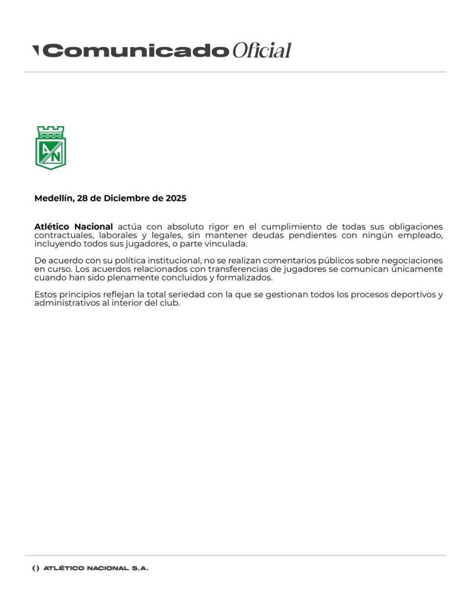 El comunicado emitido por parte del club verdolaga. | Fuente: Instagram @nacionaloficial