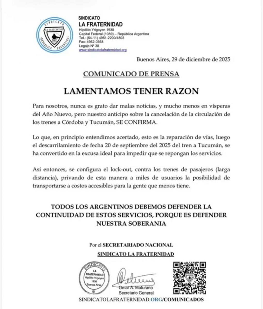 Lamentamos tener razón: suspenden los trenes que conectan Tucumán y Córdoba con Retiro