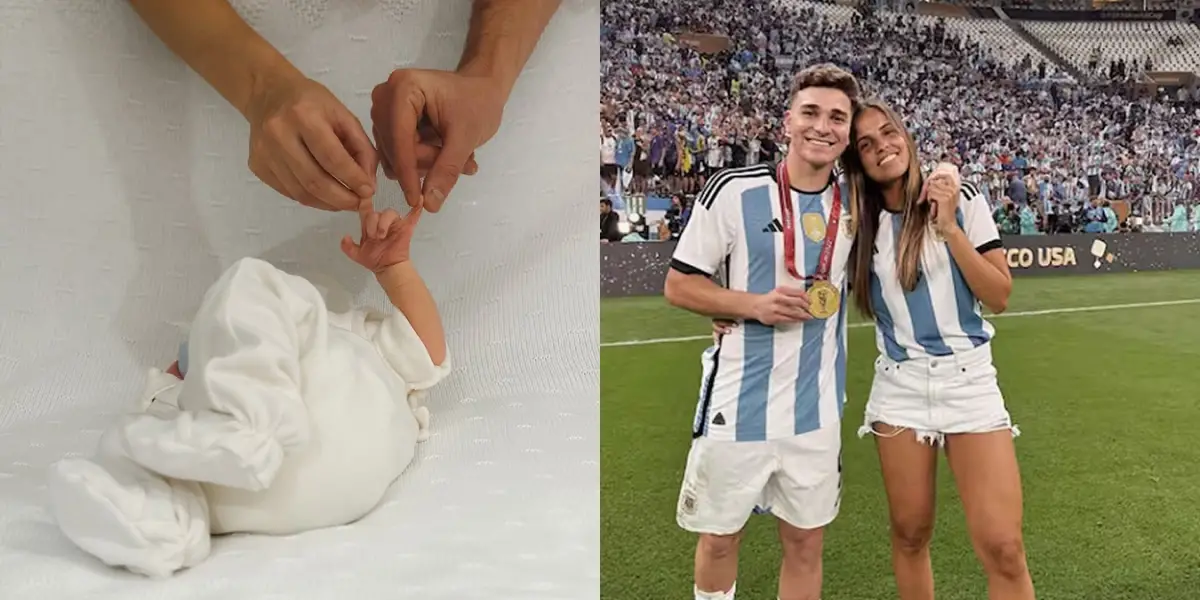 PRIMER ANUNCIO DEL 2026. La mano de Amadeo, haciendo el festejo característico de Julián Álvarez, fue la imagen elegida para presentar al primer hijo del delantero y Emilia Ferrero en redes sociales.