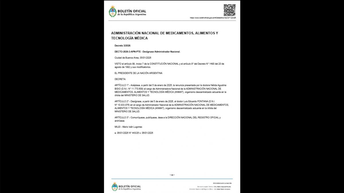 Milei aceptó la renuncia de la titular de la Anmat y designó a Luis Eduardo Fontana