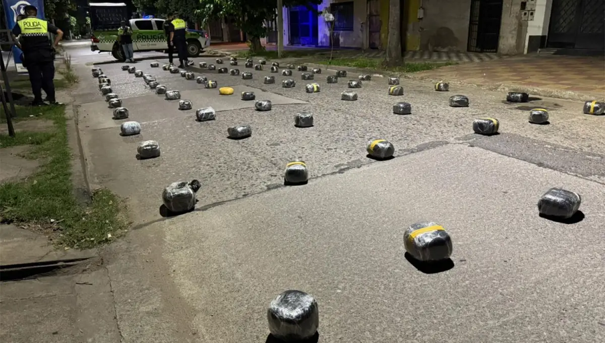 LA MERCANCÍA. Las decenas de paquetes fueron dispuestos en la calle, luego del operativo policial.
