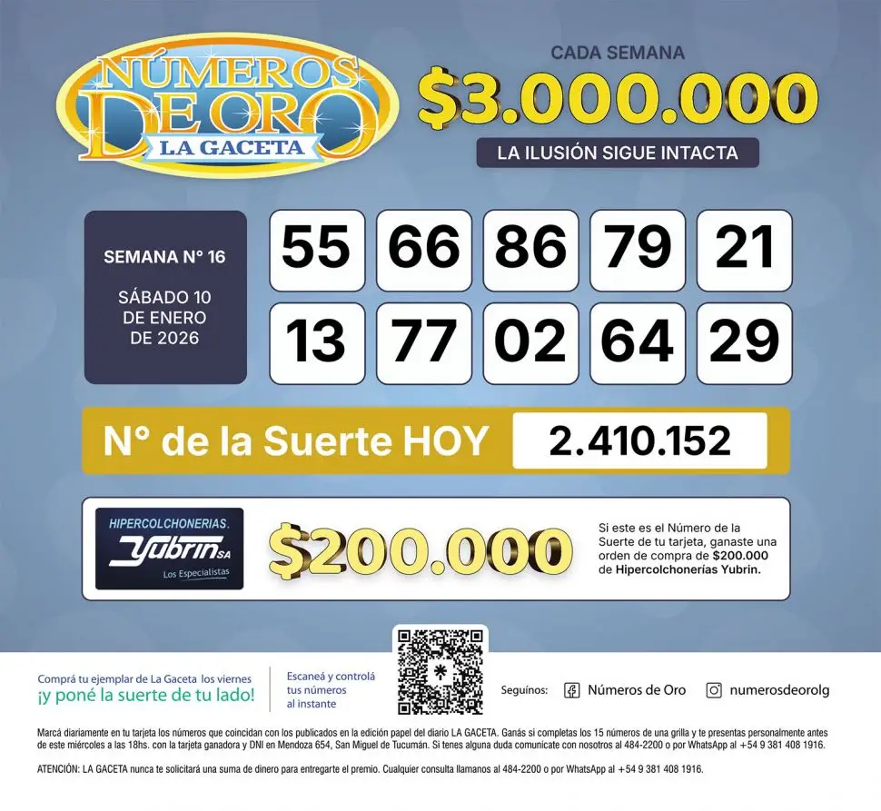 Los Números de Oro de LA GACETA del sábado 10 de enero de 2026