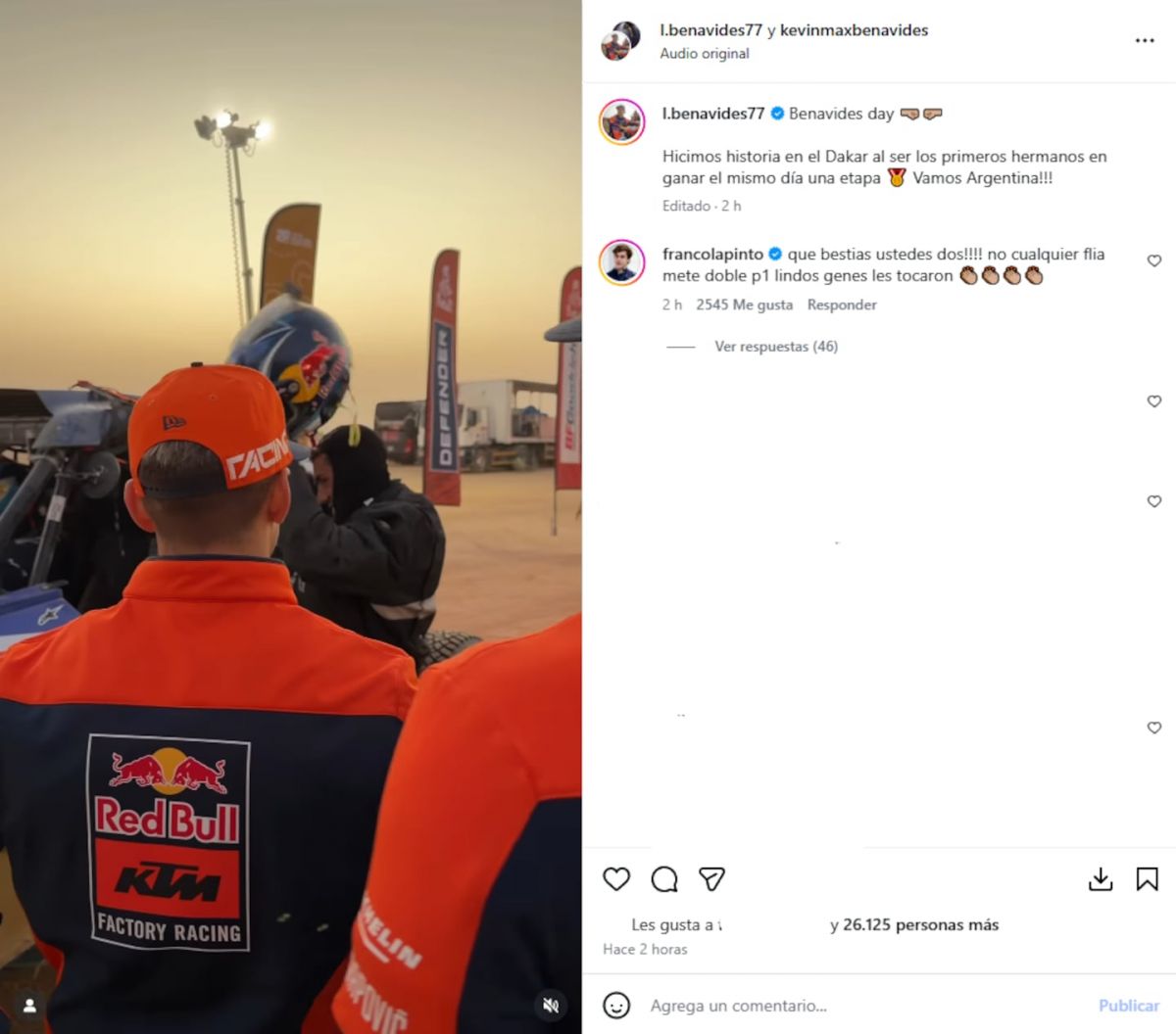 Los Benavides hicieron historia en el Dakar y Colapinto tuvo una divertida reacción al triunfo