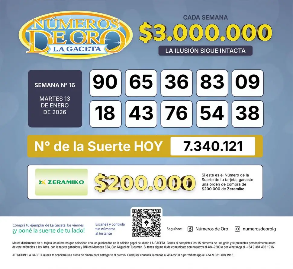 Los Números de Oro de LA GACETA del martes 13 de enero de 2026