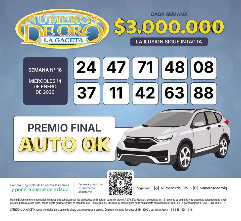 Los Números de Oro de LA GACETA del miércoles 14 de enero de 2026