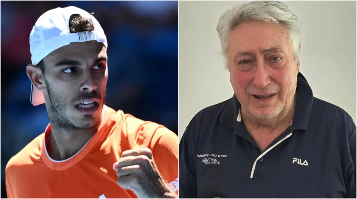EN LA MEMORIA. El homenaje de Francisco Cerúndolo a Guillermo Salatino tras su victoria en el Abierto de Australia.