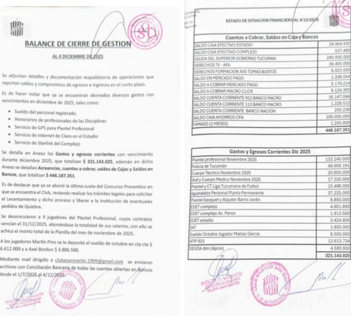 Imagen que adjunta el comunicado de Rubén Sogno