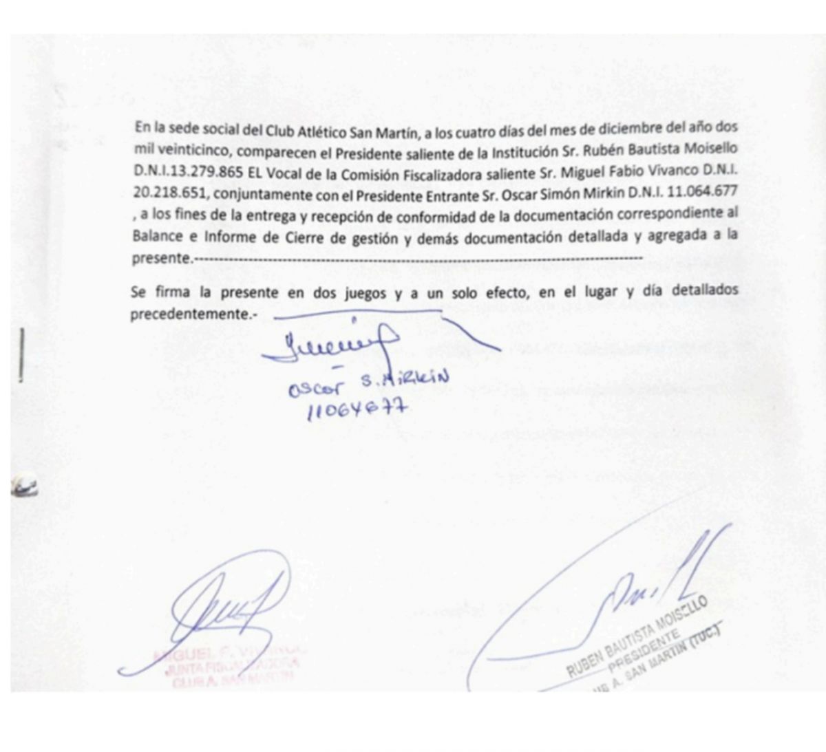 Imagen que adjunta el comunicado de Rubén Sogno