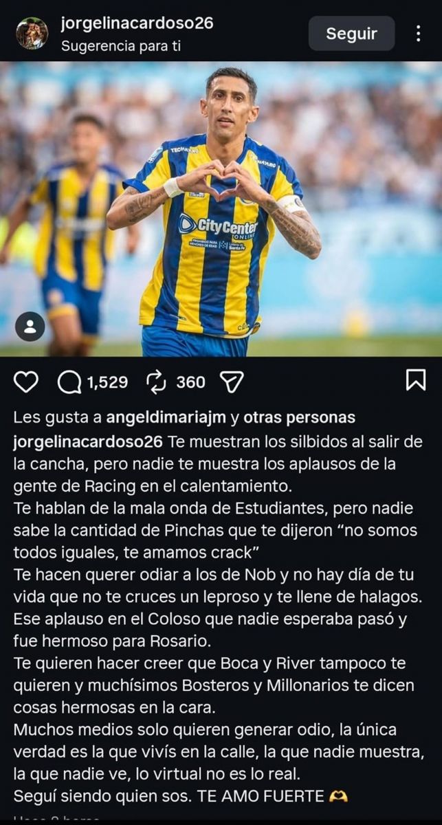 Di María, silbidos en Avellaneda y un fuerte respaldo de Jorgelina Cardoso
