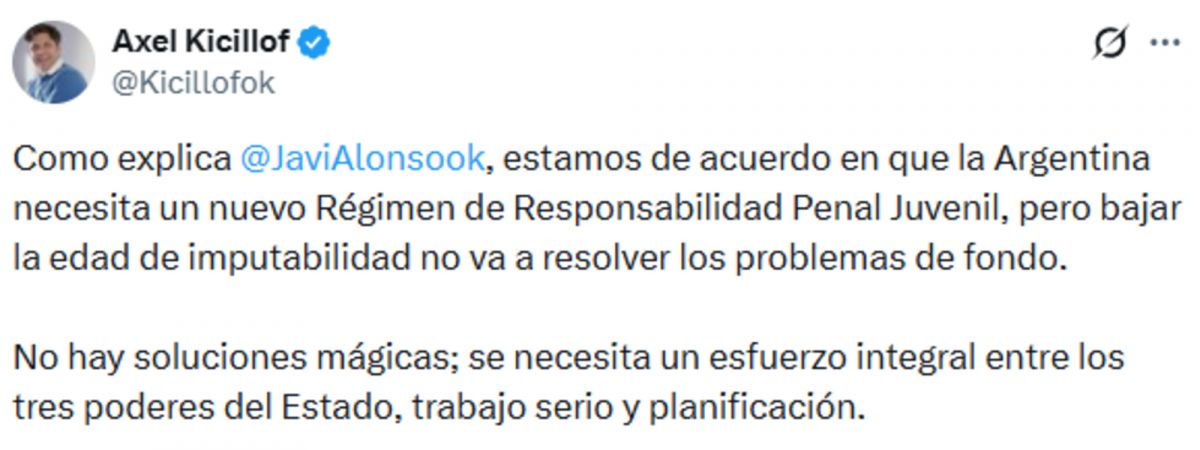 Axel Kicillof: Bajar la edad de imputabilidad no va a resolver los problemas de fondo
