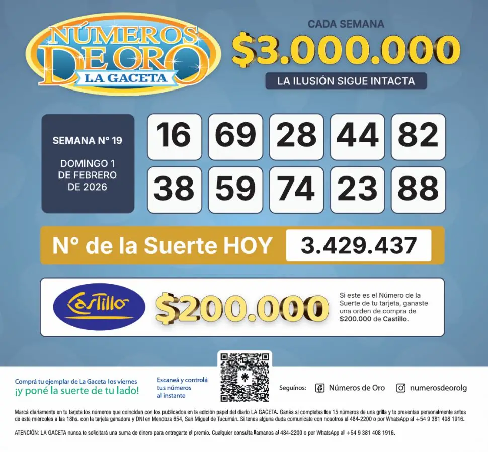 Los Números de Oro de LA GACETA del 1 de febrero de 2026