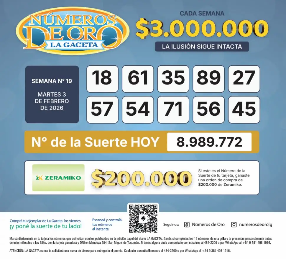 Los Números de Oro de LA GACETA del 3 de febrero de 2026