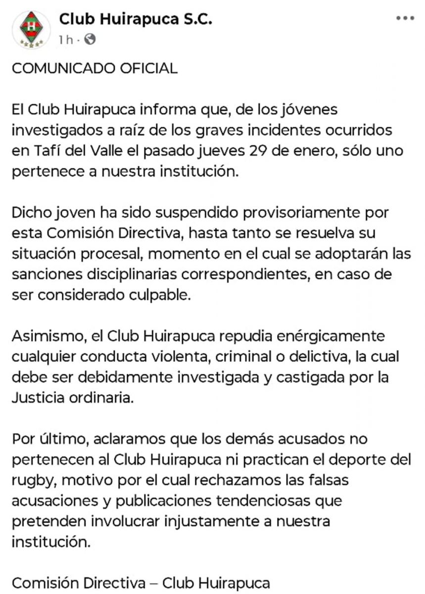 Golpiza en Tafí del Valle: el club Huirapuca suspendió a un jugador y negó vínculos con el resto de los acusados