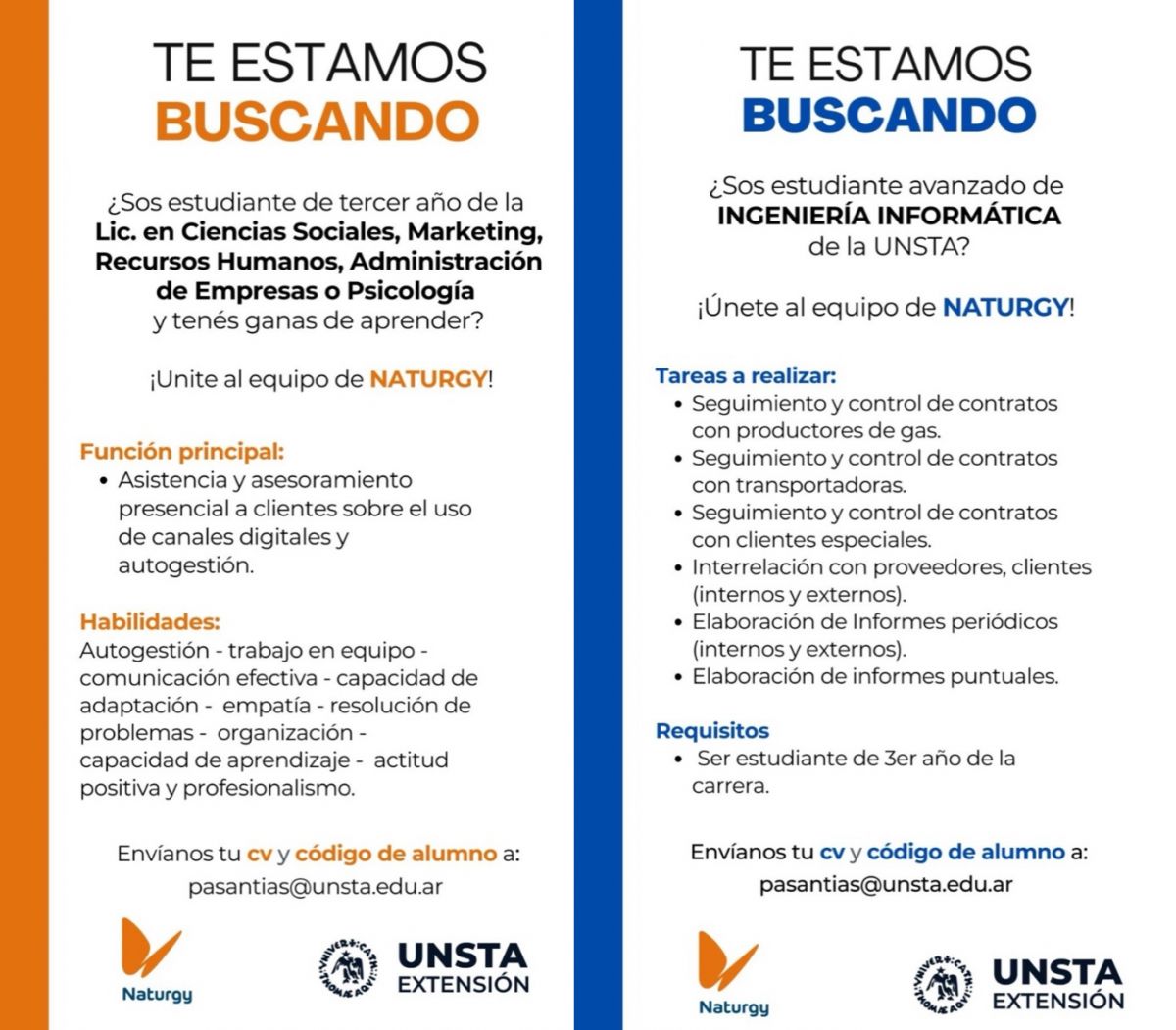 CONVOCATORIA. Naturgy solicita estudiantes avanzados de varias carreras para pasantías en su empresa.