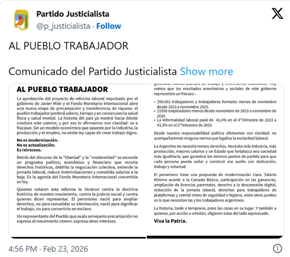 El PJ denunció que la reforma laboral implica un retroceso y vaticinó que va a fracasar