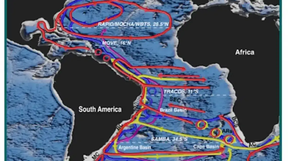El recorrido de la AMOC desde la Antártida hasta el Ártico, con las aguas superficiales en rojo, las aguas intermedias en amarillo, las aguas profundas en azul y las aguas abisales en morado. © Chidichimo et al., NOAA/Futura