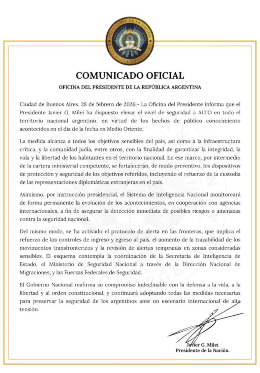 El comunicado oficial del Gobierno argentino.