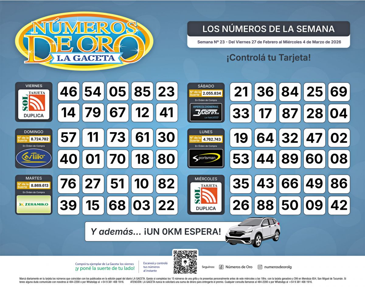 Esta es la grilla completa de los Números de Oro de LA GACETA del 4 de marzo de 2026
